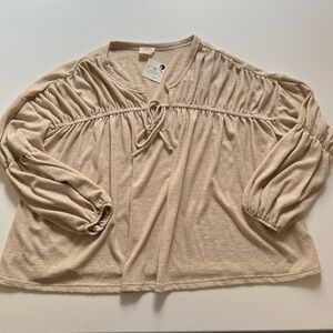 Peach Love Slouchy Boho Ruched detailing V-Neck Cottage/Casual/Flowy Sz L /NWT